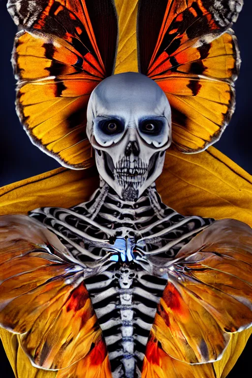 Image similar to a portrait of a skelton with moth wings, highly detailed, digital photo, hdri, by christopher bretz and john carpenter, vivid colors, high contrast, 8 k resolution, intricate, photorealistic, smooth, psychedelic color scheme, concept art, award winning, cg society contest winner