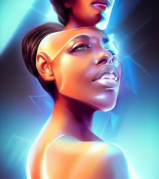 Image similar to symmetry!! latina princess of technology, solid cube of light, hard edges, product render retro - futuristic poster scifi, lasers and neon circuits, beautiful brown skin woman latina princess, intricate, elegant, highly detailed, digital painting, artstation, concept art, smooth, sharp focus, illustration, dreamlike, art by artgerm