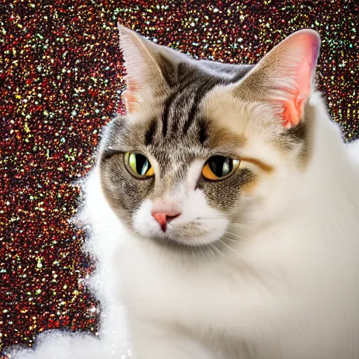 Prompt: a photo of a cat in a cloud of glitter, mica, calcium sodium borosilicate, f 1. 4