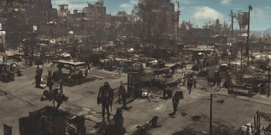 Image similar to a busy town square, fallout style, fallout 3, fallout 4, fallout 7 6, post - apocalyptic, digital art, 4 k,