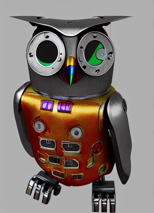 Image similar to colored pencil and pen drawing of an animatronic robot owl, bird made from rusty old keys and padlocks, 4 k photorender realityengine