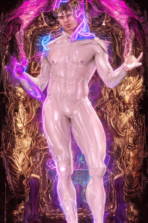 Prompt: full-body rococo and cyberpunk delicate neon crystalline sculpture of (((muscular slender Nick Jonas))) as an iridescent humanoid deity wearing a thin see-through ((plastic hooded cloak)) sim roupa (holding a human skull), reclining con (las piernas abiertas), glowing pink face, crown of (((white lasers))), large diamonds, swirling black silk fabric. futuristic elements. oozing glowing liquid, full-length view. space robots. intricate artwork by caravaggio. Trending on artstation, octane render, cinematic lighting from the right, hyper realism, octane render, 8k, depth of field, 3D