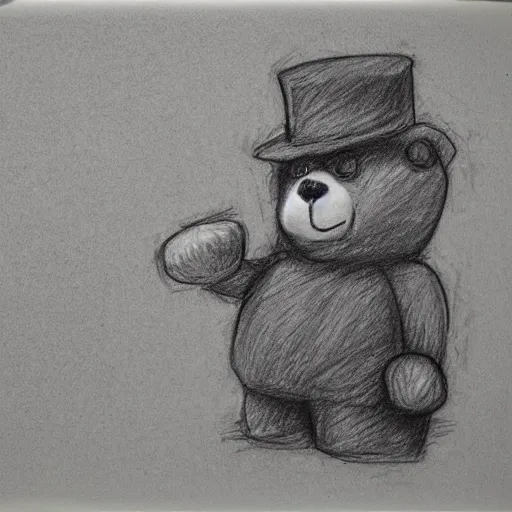 Image similar to suspicious teddy bear wearing a fedora, sneaking, looking around, in an alley, pencil sketch, black and white