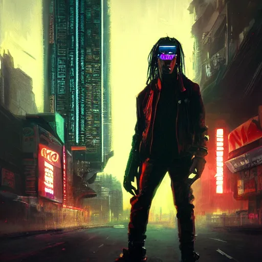 Image similar to cyberpunk, closeup portrait of a playboi carti, dramatic light, city background, sunset, dystopian setting, high contrast, sharp, neuromancer, henry dorsett case, painted by stanley lau, painted by greg rutkowski, painted by stanley artgerm, digital art, trending on artstation