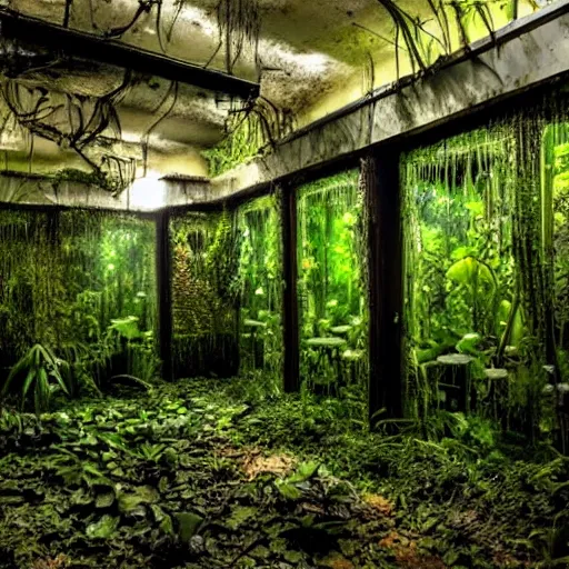 Prompt: abandoned, overgrown, underground bunker, room with mutated carnivorous plants, beautiful, underground