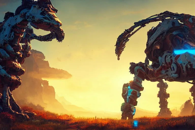 Image similar to tallneck machine mecanical creature robot of horizon forbidden west horizon zero dawn radiating a glowing aura global illumination ray tracing hdr fanart arstation by ian pesty and alena aenami artworks in 4 k