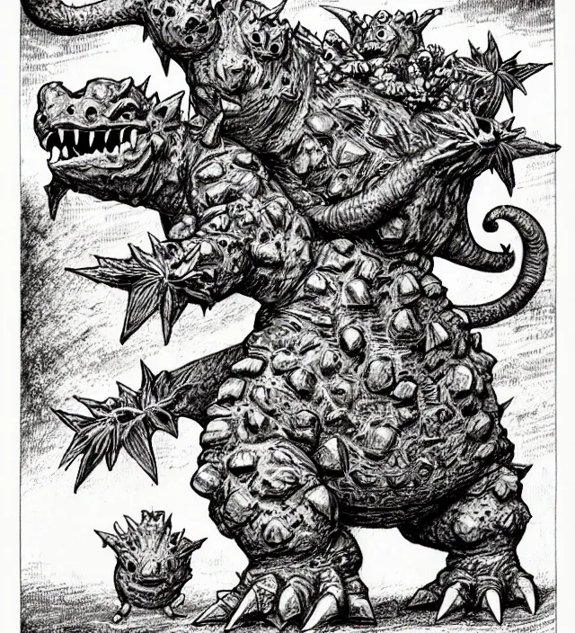 Image similar to ivysaur as a d & d monster, full body, pen - and - ink illustration, etching, by russ nicholson, david a trampier, larry elmore, 1 9 8 1, hq scan, intricate details, stylized border