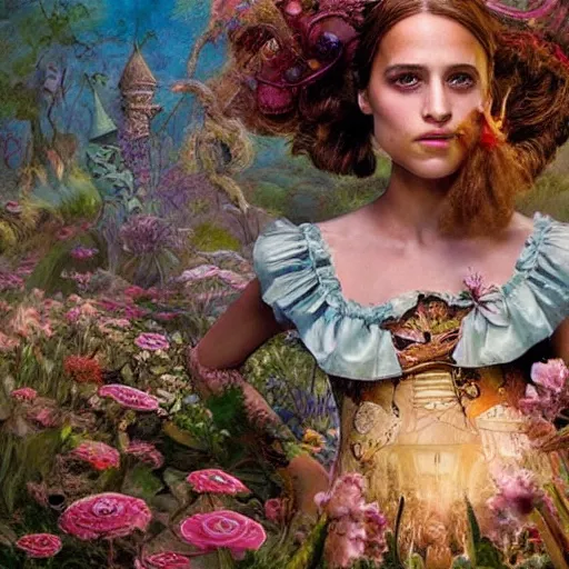 Image similar to alicia vikander in alice in wonderland tripping on lsd, intricate detail, painting, royo, frazetta, whealan,