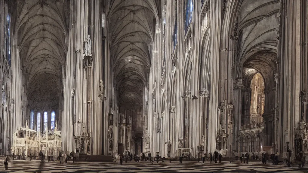 Image similar to TARDIS inside the Milan cathedral, hyper-realistic, octane render, matte