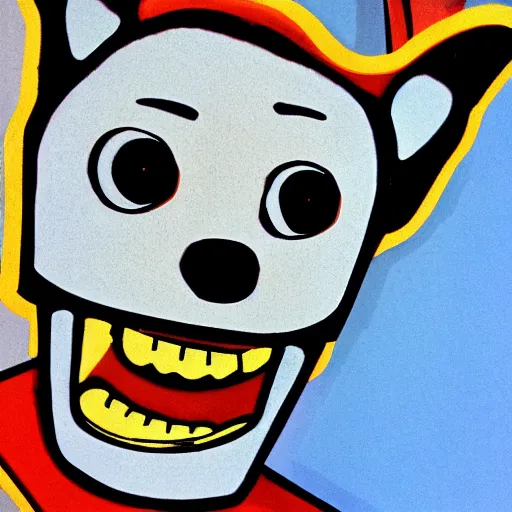 Prompt: close - up portrait of a tin toy dingo grinning widely