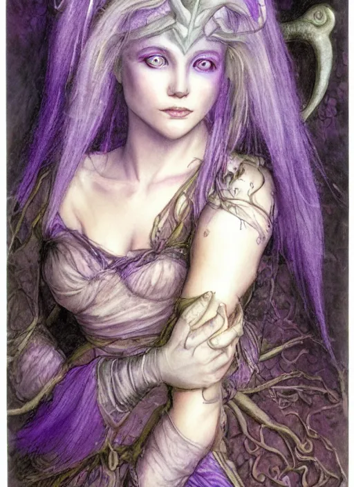 Image similar to portrait of young female sorceress of the endtimes, transluscent skin, lavender hair, beautiful! coherent! dungeons and dragons character, by brian froud, strong line, cool night color, high contrast