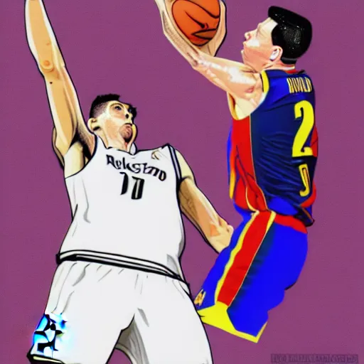 Image similar to Messi dunking on Ronaldo in the NBA, illustration,