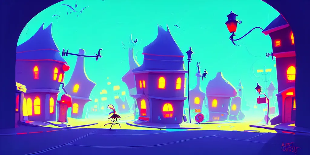 Image similar to curved perspective digital art of a summer small town street from nightmare before christmas by anton fadeev