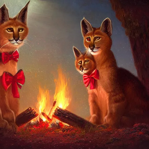 Image similar to three cute caracals wearing red bows and ties, campfire, guitar, night, atmospheric lighting, intricate, volumetric lighting, digital art, highly detailed by gaston bussiere, craig mullins, j. c. leyendecker 8 k