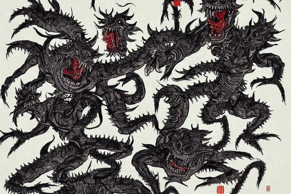 Prompt: many alien monsters are fighting with chinese immortals, traditional chinese ink painting, stable diffusion.