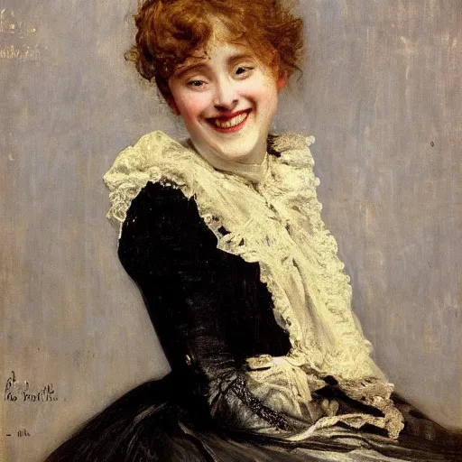 Image similar to young victorian lady laughing, painted by alfred stevens