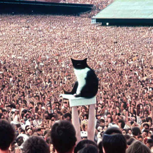 Prompt: a cat performing at the Live Aid Concert (1985), color photograph, Queen, Freddy Mercury, singer, Wembley Stadium, large crowd