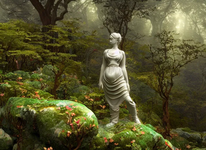 Prompt: an idealistic marble statue with fractal flowery hair, in a magical forest, painted by, mc escher, gordon onslow ford, georgia o'keeffe and ivan aivazovsky, cinematic light, god rays, colourful, unreal engine, zbrush central,