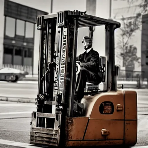 Image similar to photograph of steampunk forklift going downtown