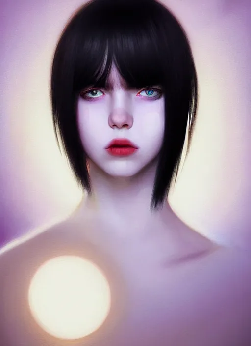 Image similar to hair whitebangs hair, black hair, whitebangs, portrait of teenage girl with white bangs, red irises, purple clothes, white bangs, bangs are different color from hair, intricate, elegant, glowing lights, highly detailed, digital painting, artstation, concept art, smooth, sharp focus, illustration, art by wlop, mars ravelo and greg rutkowski