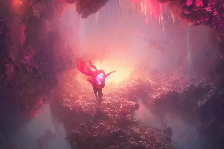 Prompt: beautiful coral crystals, distinct pink orange purple colors, underwater crystal caverns, concept art, beautiful lights, d & d, fantasy, highly detailed, masterpiece, volumetric lighting, digital painting, artstation, smooth, sharp focus, illustration, art by artgerm, by greg rutkowski