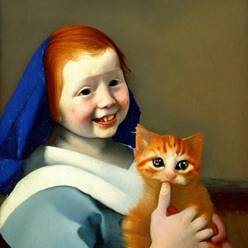 Image similar to oil painting of a young freckled redhead girl smiling and holding a scared kitten in a boat, in rough seas with large waves, dark clouds and lightning, depicted for a children\'s book, in the style of vermeer