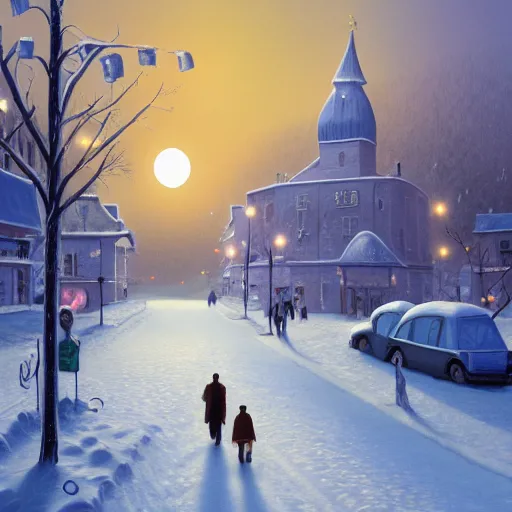 Image similar to winter town centre inspired by Evgeny Lushpin, Peter Zumthor,bus,people walking winter sunset,full moon,p