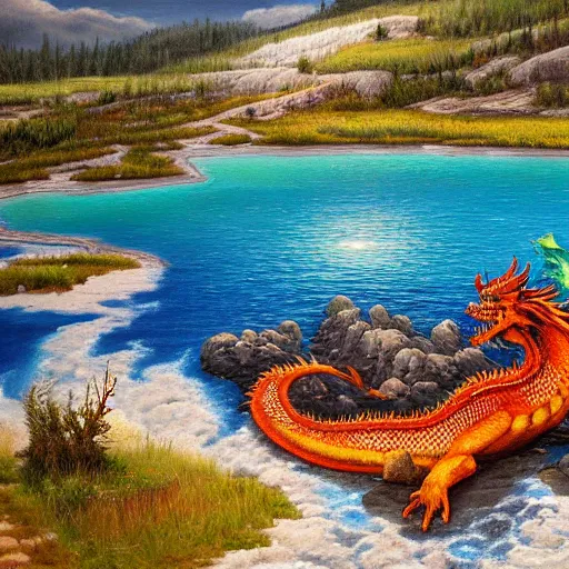 Prompt: highly detailed oil painting of a dragon resting in a colorful hotspring at yellowstone national park, featured on artstation