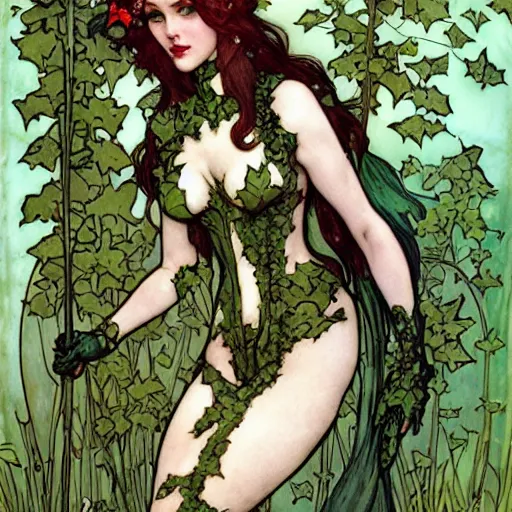 Prompt: a beautiful painting of poison ivy dressed as a martian princess, dark eyeliner, intricate, elegant, highly detailed, digital painting, artstation, concept art, matte, sharp focus, illustration, art by rebecca guay and by arthur rackham and by alphonse mucha and by john william waterhouse