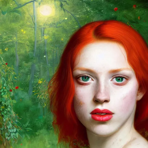 Image similar to a highly detailed digital painting of a red haired young woman, by night among golden fireflies and nature, backlit, deep green eyes, hint of freckles, round gentle face, cheeky smile with red lips, deep focus, smooth, sharp, golden ratio, elegant, art by artemisia lomi gentileschi, caravaggio, greg rutkowski