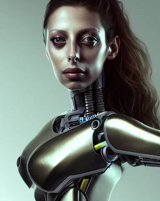 Image similar to portrait of angela sarafyan as a beautiful cyborg, wlop, artgerm, artstation, metallic carbon fiber