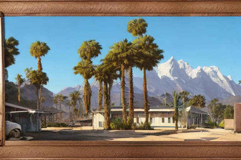 Prompt: natural american landscape | abandoned motel | palm trees | snowy mountains, painting by syd mead and weta studio and moebius and james jean and frank frazetta, highly detailed, rule of third, soft lighting, 8 k resolution, oil on canvas, architectural magazine, beautiful detailed, insanely intricate details, artstation trending, hypermaximalistic, high details, cinematic