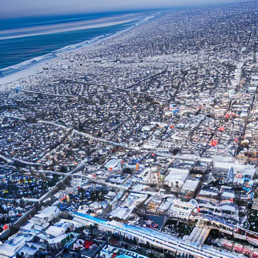 Image similar to santa monica pier covered in snow, aerial photo, sigma 2 4 mm