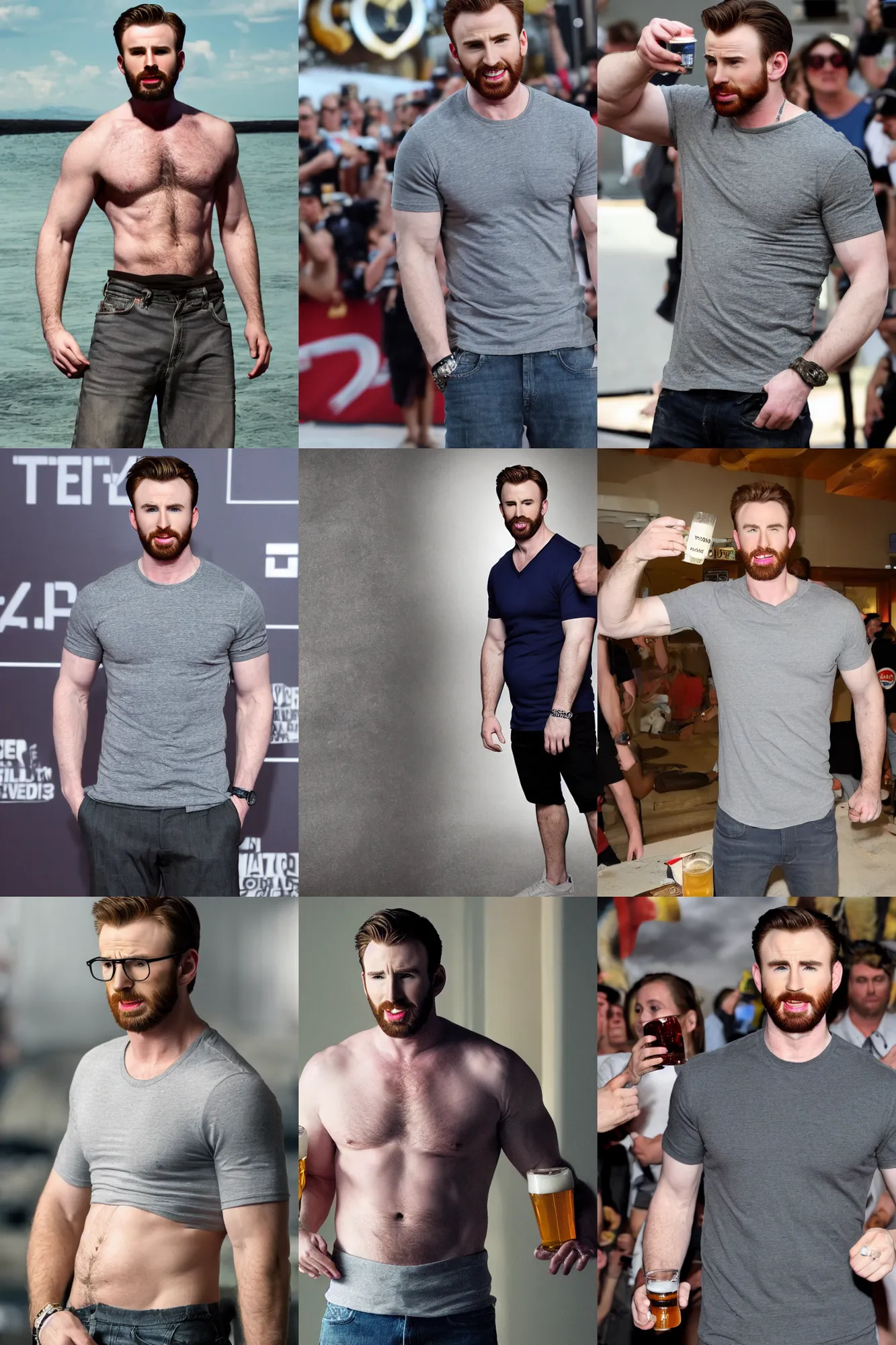 Prompt: chris evans with a beer belly, tight shirt, 4 k hd