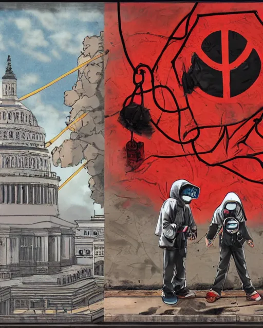 Image similar to manga color drawing of two hooded kids with gas masks hanging in ropes paint a giant anarchist graffiti on the dome of the capitol building, epic photography, dystopin future , 8k