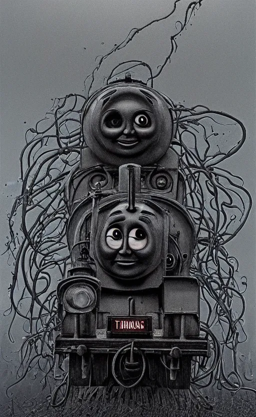 Image similar to thomas the tank engine in style of zdzisław beksinski, extremely dramatic lighting, 8 k, tendrils, black, darkness, black slime tendrils, infected, rust, body horror, thomas the train, thomas the tank engine face, horror,