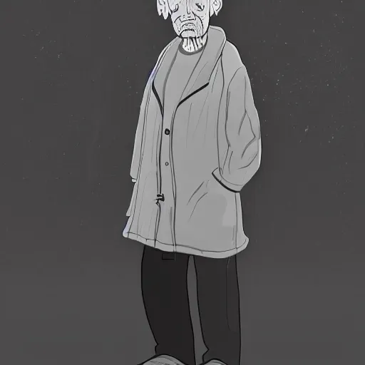 Image similar to detailed half body digital art of a old person wearing ragged and ruined clothes. the background is pure black with a little bit of glow behind the character