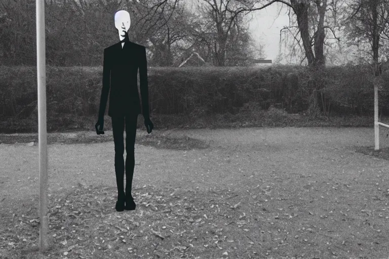 Image similar to night vision cctv photo of the skinny very tall slenderman shadow person standing in an overgrown playground