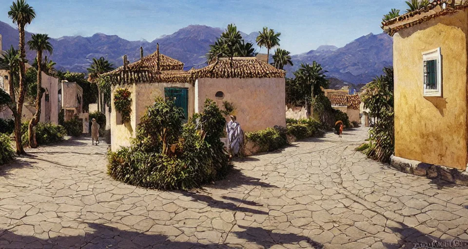 Image similar to Ted Nasmith painting of a Marbella city street landscape