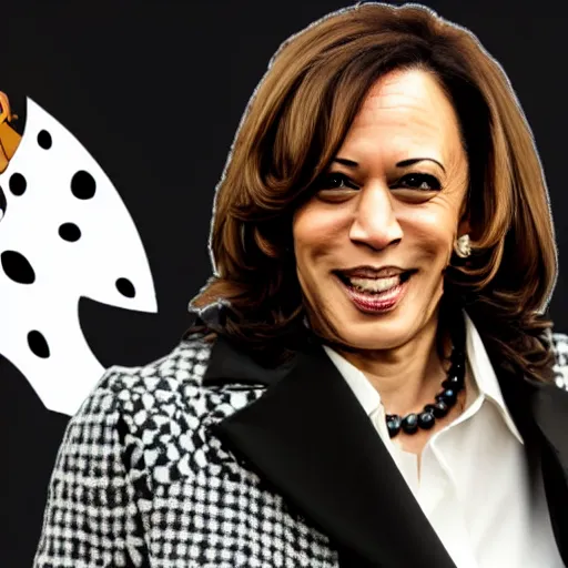 Prompt: kamala harris dressed like cruella deville from 1 0 1 dalmatians, cinematic lighting, hd 4 k photo