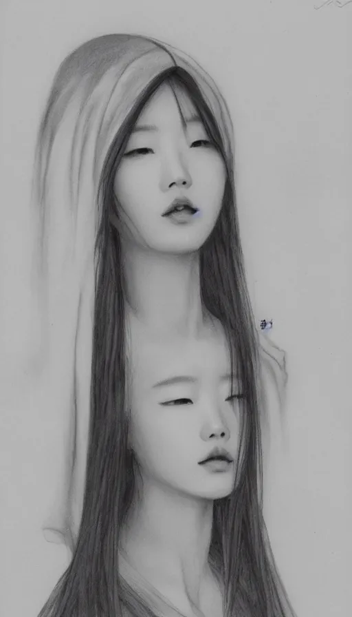 Image similar to model yoon young as the high priestess, by soeymilk, black and white graphite drawing, smooth render, 3 / 4 view