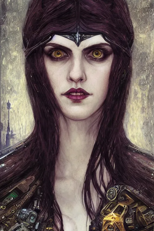 Image similar to portrait of beautiful gothic Alexandra Daddario, cyberpunk, Warhammer, highly detailed, artstation, illustration, art by Gustav Klimt