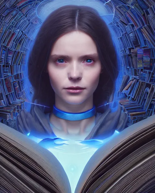 Image similar to highly detailed surreal vfx portrait of a female mage with a blue cape in a labyrinth of books, stephen bliss, unreal engine, greg rutkowski, loish, rhads, beeple, makoto shinkai and lois van baarle, ilya kuvshinov, rossdraws, tom bagshaw, alphonse mucha, global illumination, detailed and intricate environment