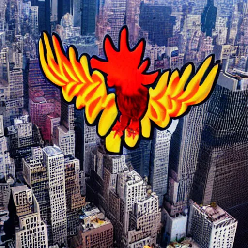 Image similar to a neonpunk avatar chicken, flying over new york