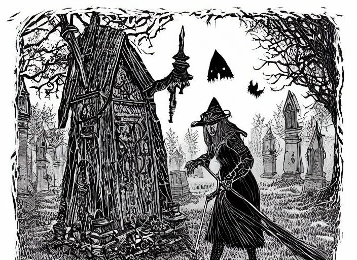 Image similar to blue woodcut print cartoon, halloween witch in graveyard at midnight by greg rutkowski, fine details, highly detailed