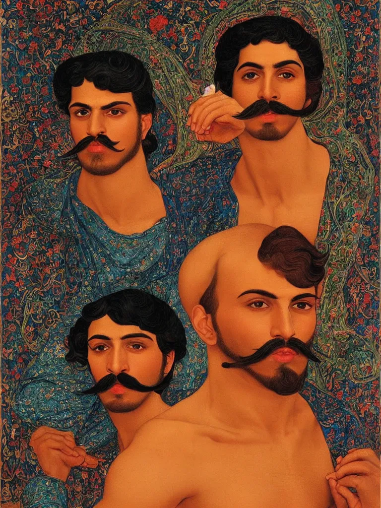 Image similar to portrait of a 20 years old muscular persian iranian wrestler handsome man with a mustache by victor Nizovtsev and botticelli