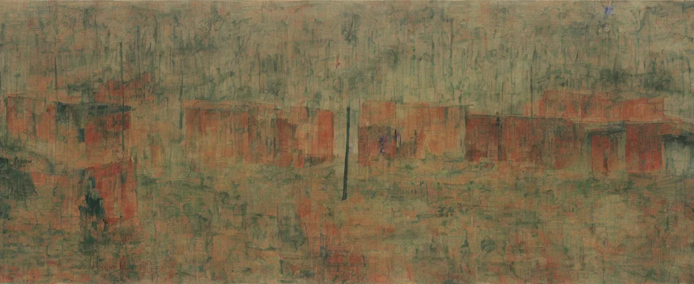 Image similar to a chinese prison near a river by peter doig, muted colors