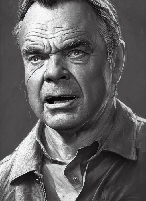 Image similar to portrait of Sam Neill from In The Mouth of Madness (1994), highly detailed, centered, solid color background, digital painting, artstation, concept art, smooth, sharp focus, illustration, Basil Gogos, Joseph Christian Leyendecker, Les Edwards, Ed Repka, WLOP, Artgerm