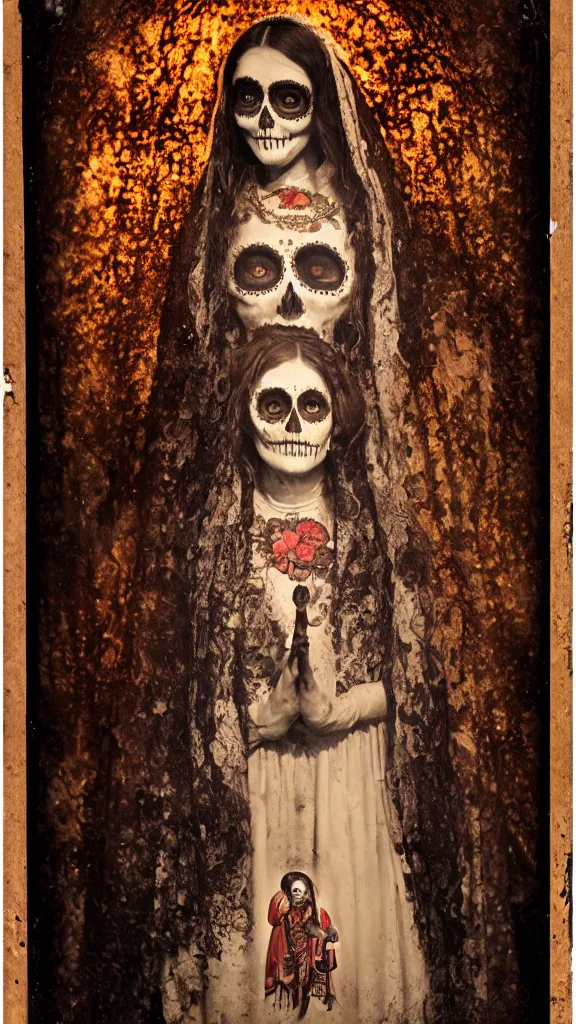 Image similar to tintype full body view, virgin mary in dia de muertos dress and make up, horrific beautiful vibe, evocative, atmospheric lighting, painted, intricate, highly detailed,