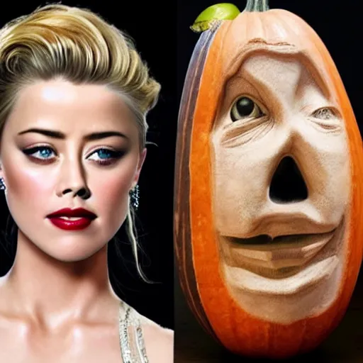 Image similar to a [ gourd ] carved shaped to look like ( amber heard ) face hybrid intercross